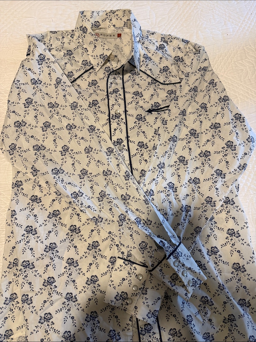 Roper White Button-Down Shirt with Blue Floral Print